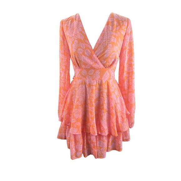 Japna XS pink orange flower ruffle tiered mini flowy tie waist dress vacation - Picture 1 of 5